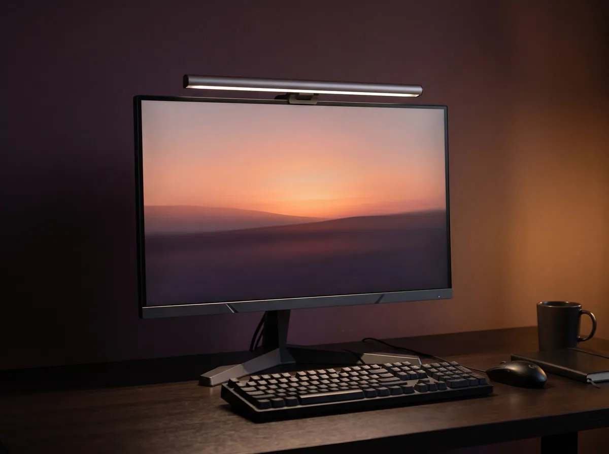 Barra de luz LED em cima de um monitor iluminando a mesa com teclado
