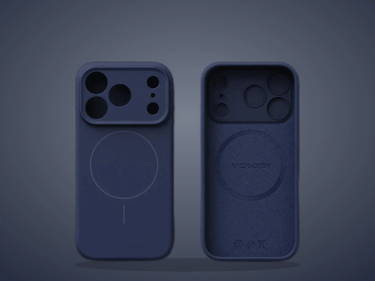 Capinha de silicone líquido azul para iPhone, vista de frente e de trás
