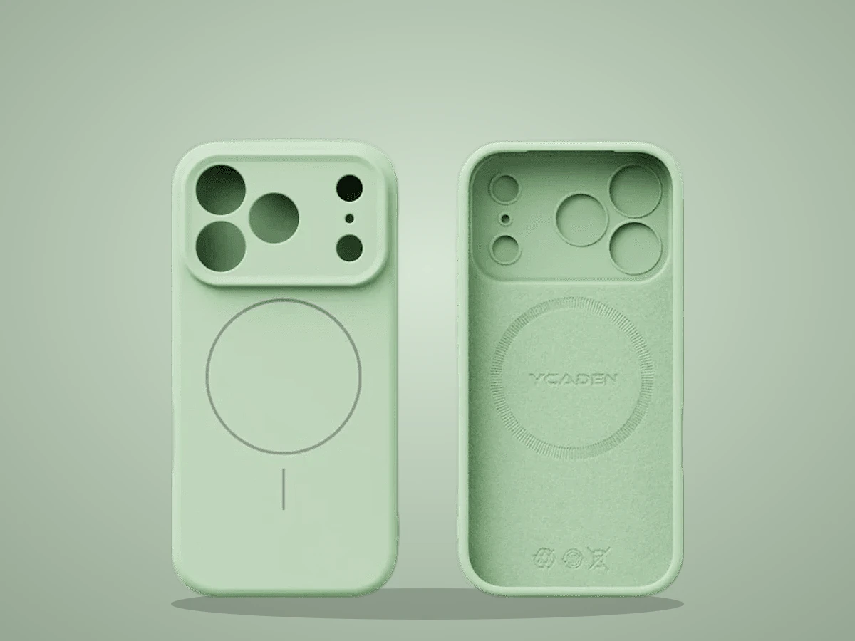 Capinha de silicone líquido verde-claro para iPhone, vista de frente e de trás