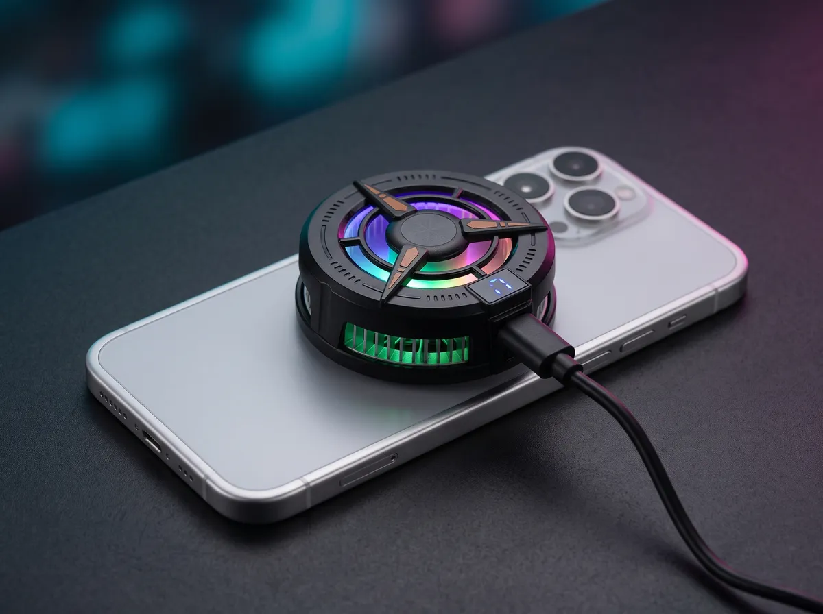 Cooler para celular com luzes RGB em uma mesa gamer