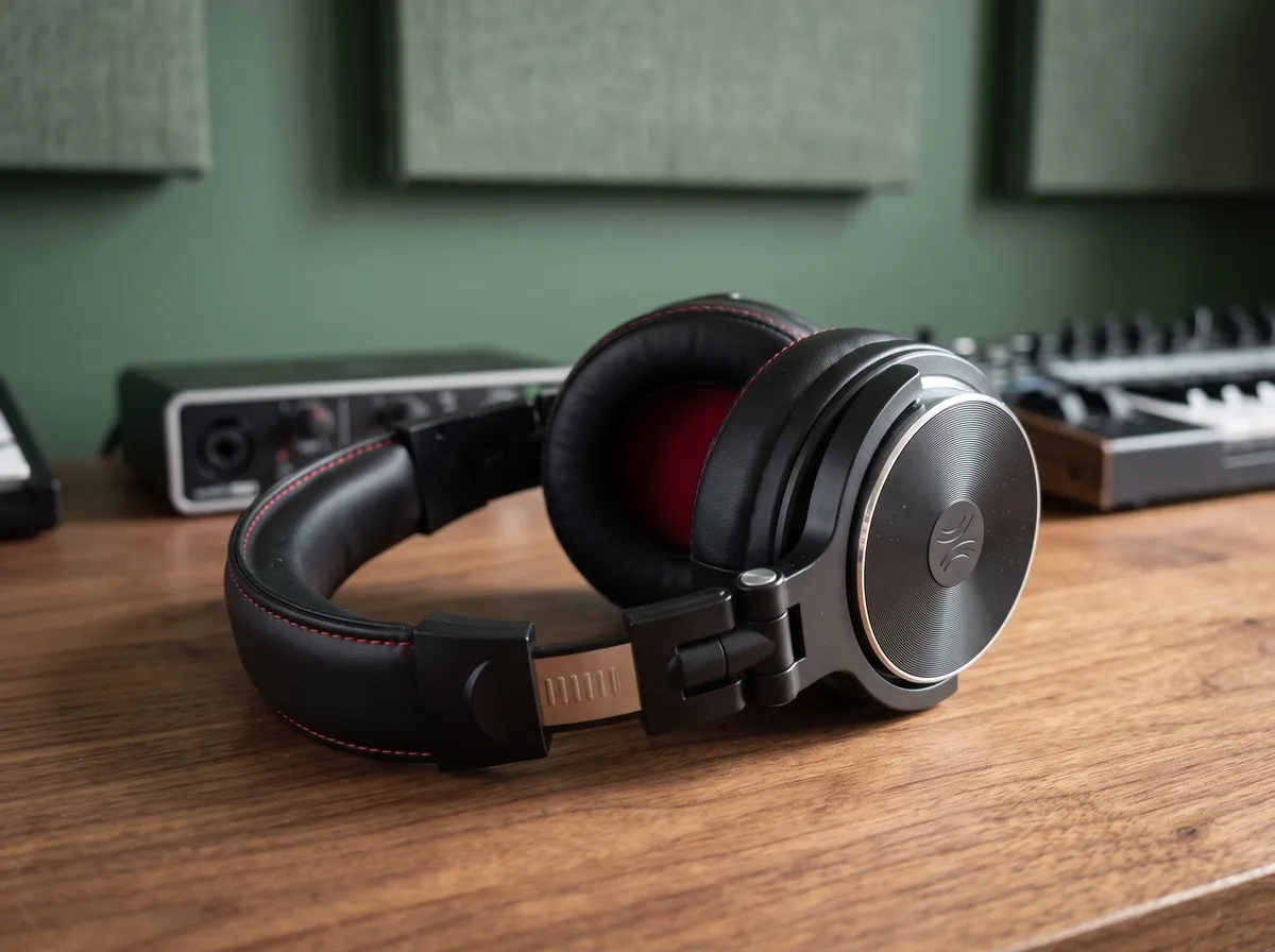 Headphone preto sobre uma mesa de estúdio