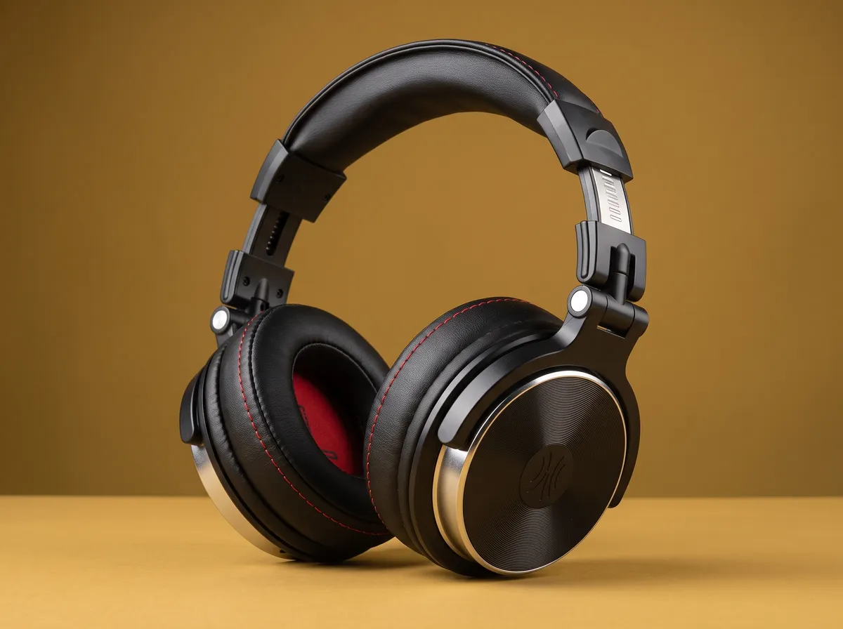 Headphone preto com almofadas vermelhas por dentro