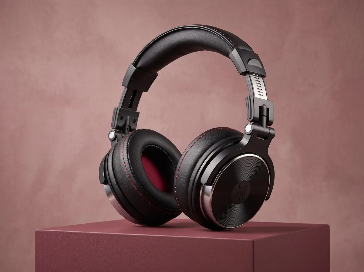 Headphone preto de concha fechada sobre um bloco