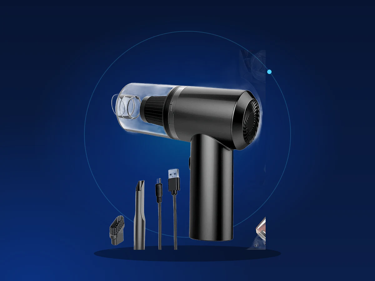 Mini aspirador portátil em fundo azul