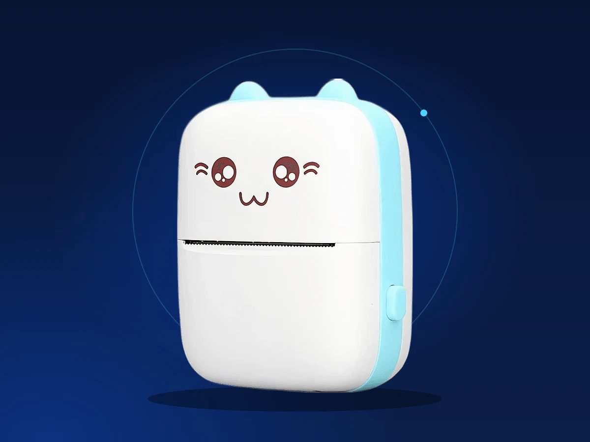 Mini impressora térmica de gatinho em fundo azul