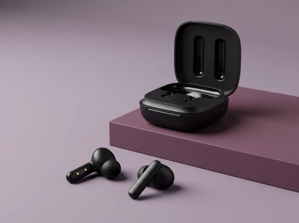 Fone sem fio preto com estojo de carregamento aberto