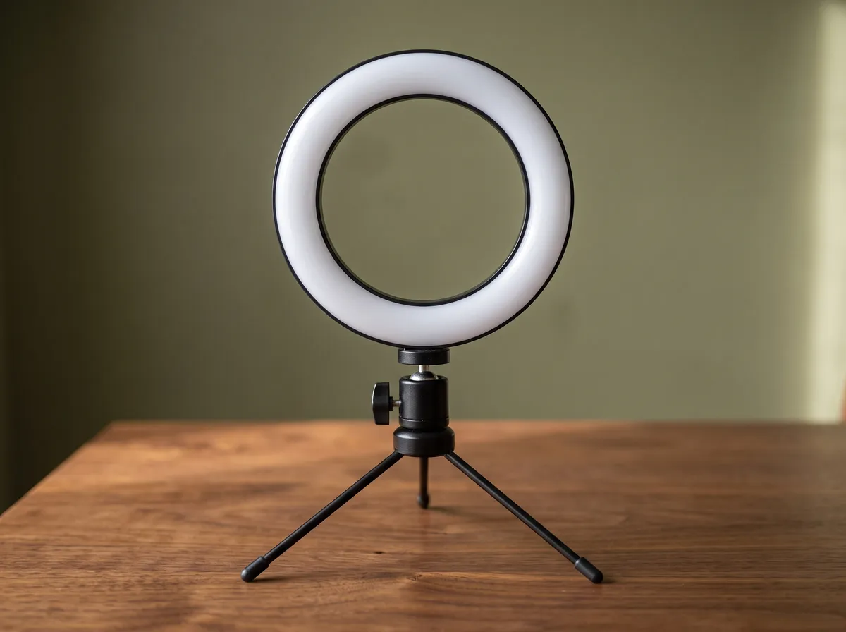 Ring light com mini tripé sobre uma mesa de madeira