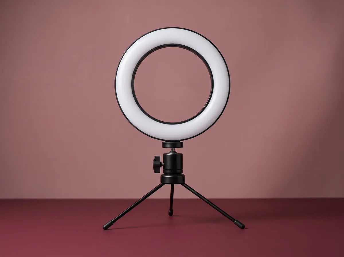 Ring light acesa em mini tripé de mesa