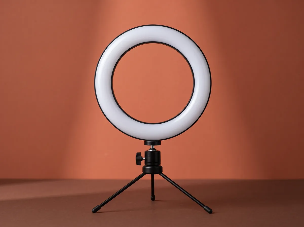 Ring light acesa sobre mini tripé preto