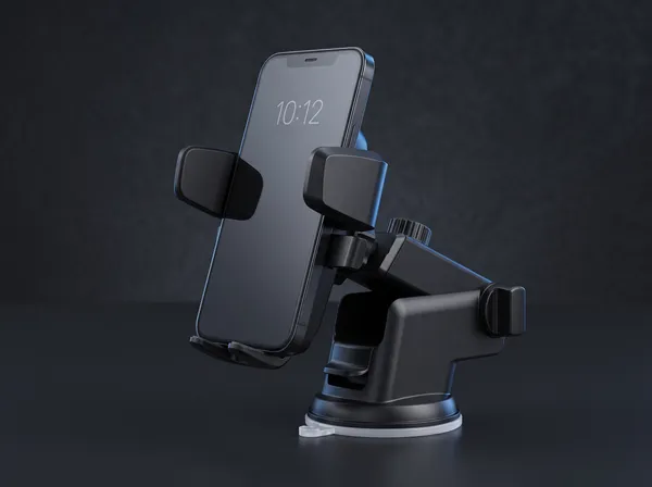 Suporte de celular para carro preto com ventosa segurando um celular