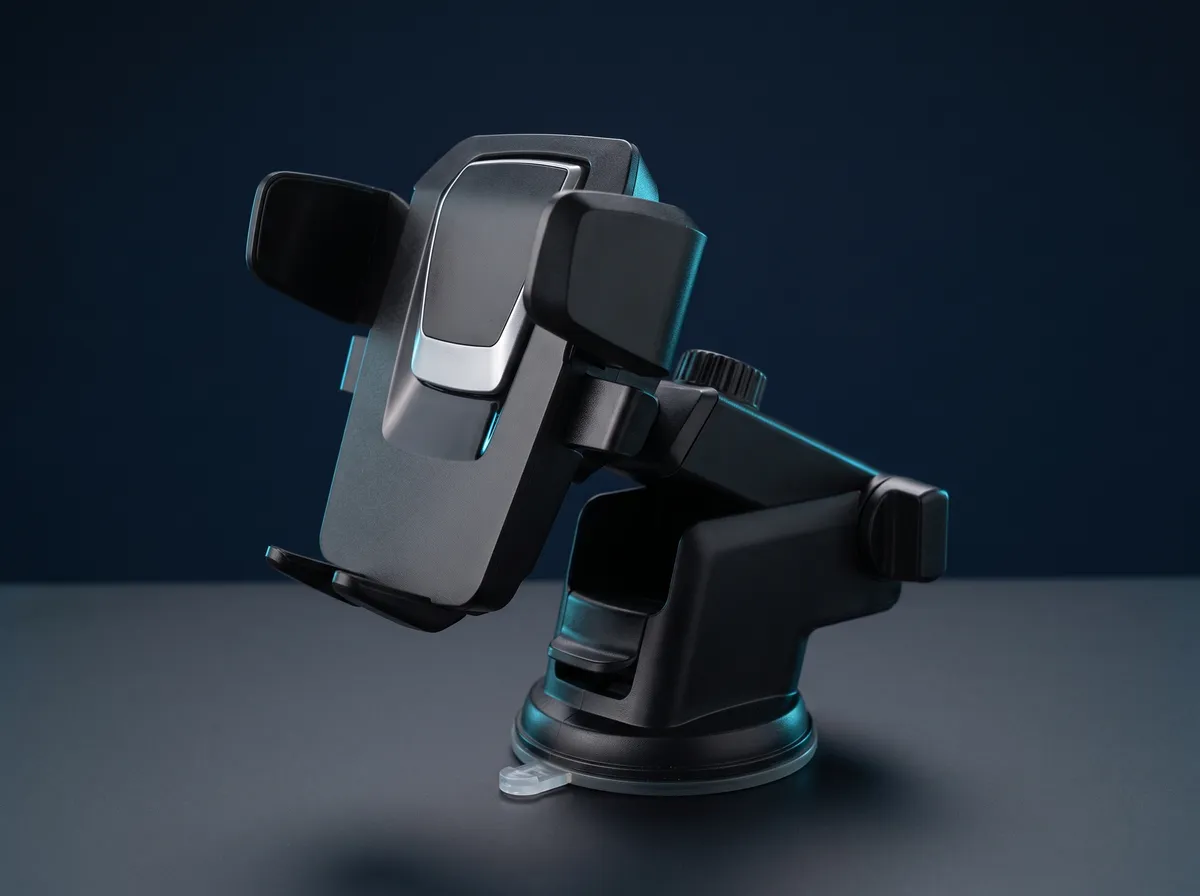 Suporte de celular para carro preto com braço ajustável e ventosa