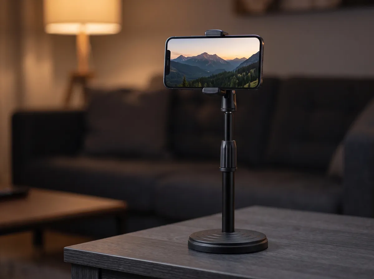 Suporte de mesa com celular na horizontal em uma mesa de sala